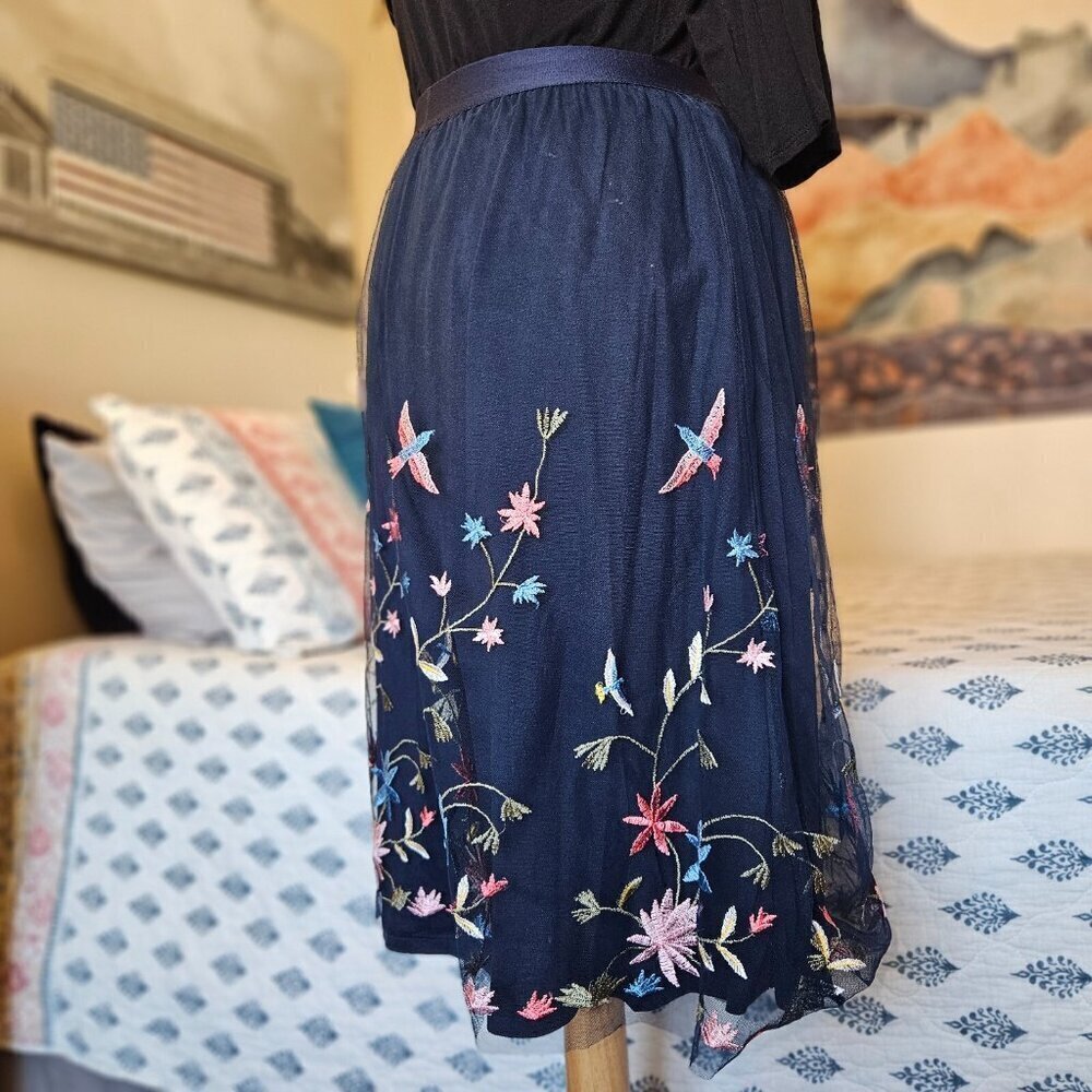 Reserved Navy Embroidered Floral Tulle Midi Skirt S - Picture 8 of 14